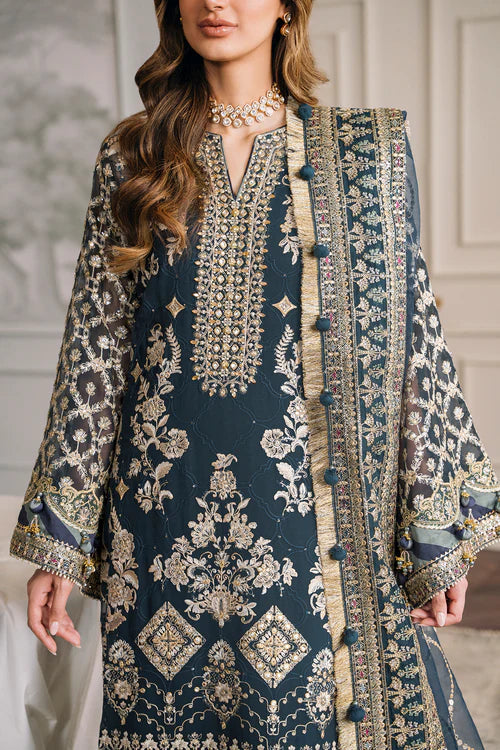 Luxury Chiffon Embroidered 3 Piece Suit | Handworker Neckline & Metallic Lace | Wedding & Evening Wear | Stitched & Unstitched Option