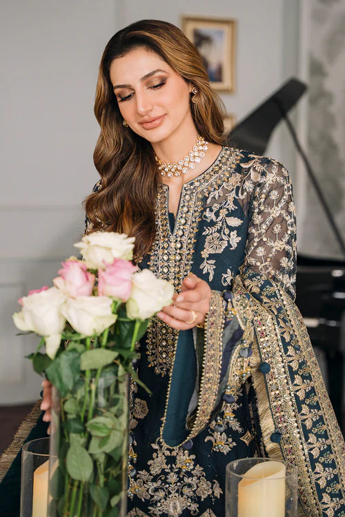 Luxury Chiffon Embroidered 3 Piece Suit | Handworker Neckline & Metallic Lace | Wedding & Evening Wear | Stitched & Unstitched Option