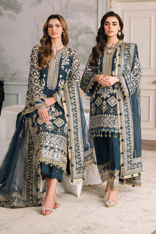 Luxury Chiffon Embroidered 3 Piece Suit | Handworker Neckline & Metallic Lace | Wedding & Evening Wear | Stitched & Unstitched Option