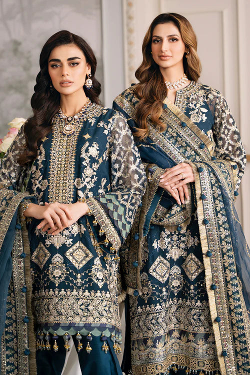 Luxury Chiffon Embroidered 3 Piece Suit | Handworker Neckline & Metallic Lace | Wedding & Evening Wear | Stitched & Unstitched Option