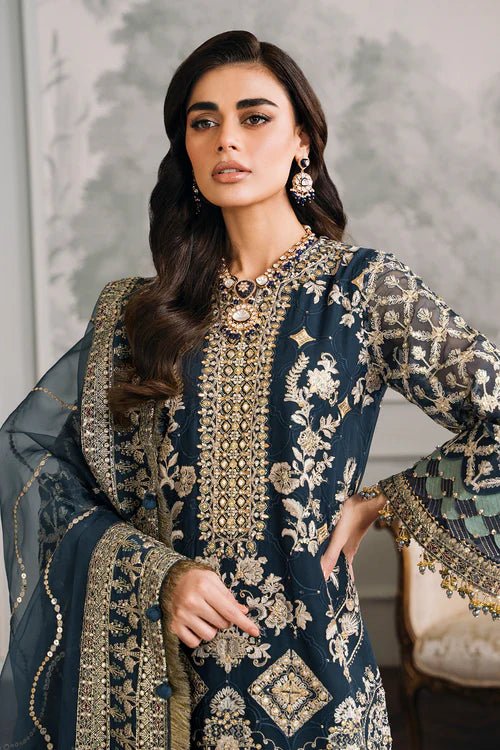 Luxury Chiffon Embroidered 3 Piece Suit | Handworker Neckline & Metallic Lace | Wedding & Evening Wear | Stitched & Unstitched Option