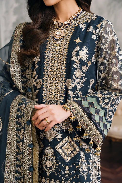 Luxury Chiffon Embroidered 3 Piece Suit | Handworker Neckline & Metallic Lace | Wedding & Evening Wear | Stitched & Unstitched Option
