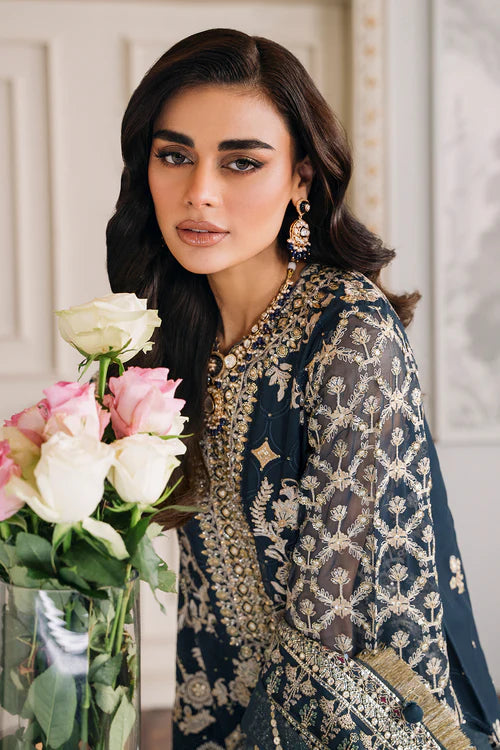 Luxury Chiffon Embroidered 3 Piece Suit | Handworker Neckline & Metallic Lace | Wedding & Evening Wear | Stitched & Unstitched Option