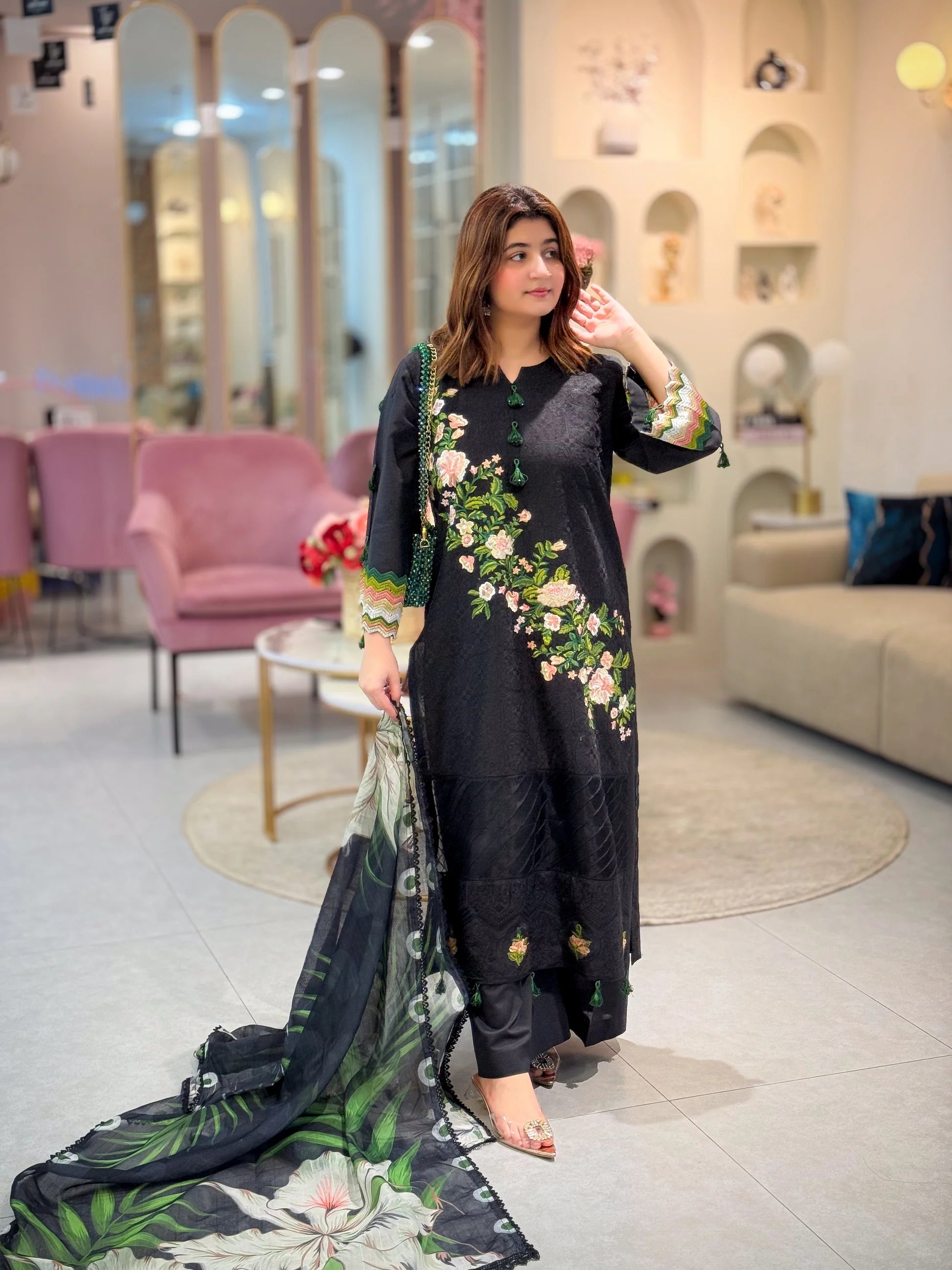 Elegant Black Floral 3-Piece – Stitching Service Only