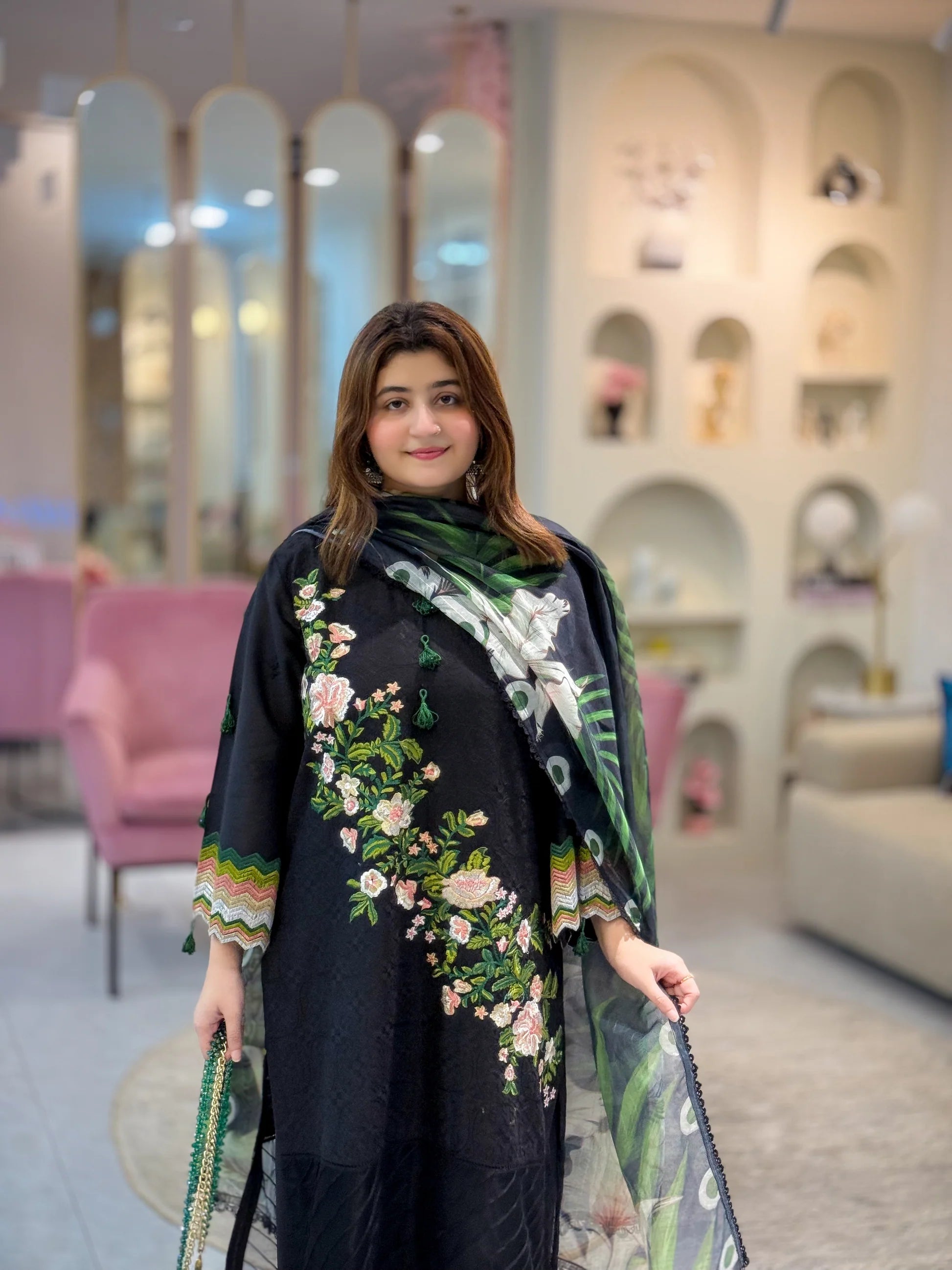 Elegant Black Floral 3-Piece – Stitching Service Only