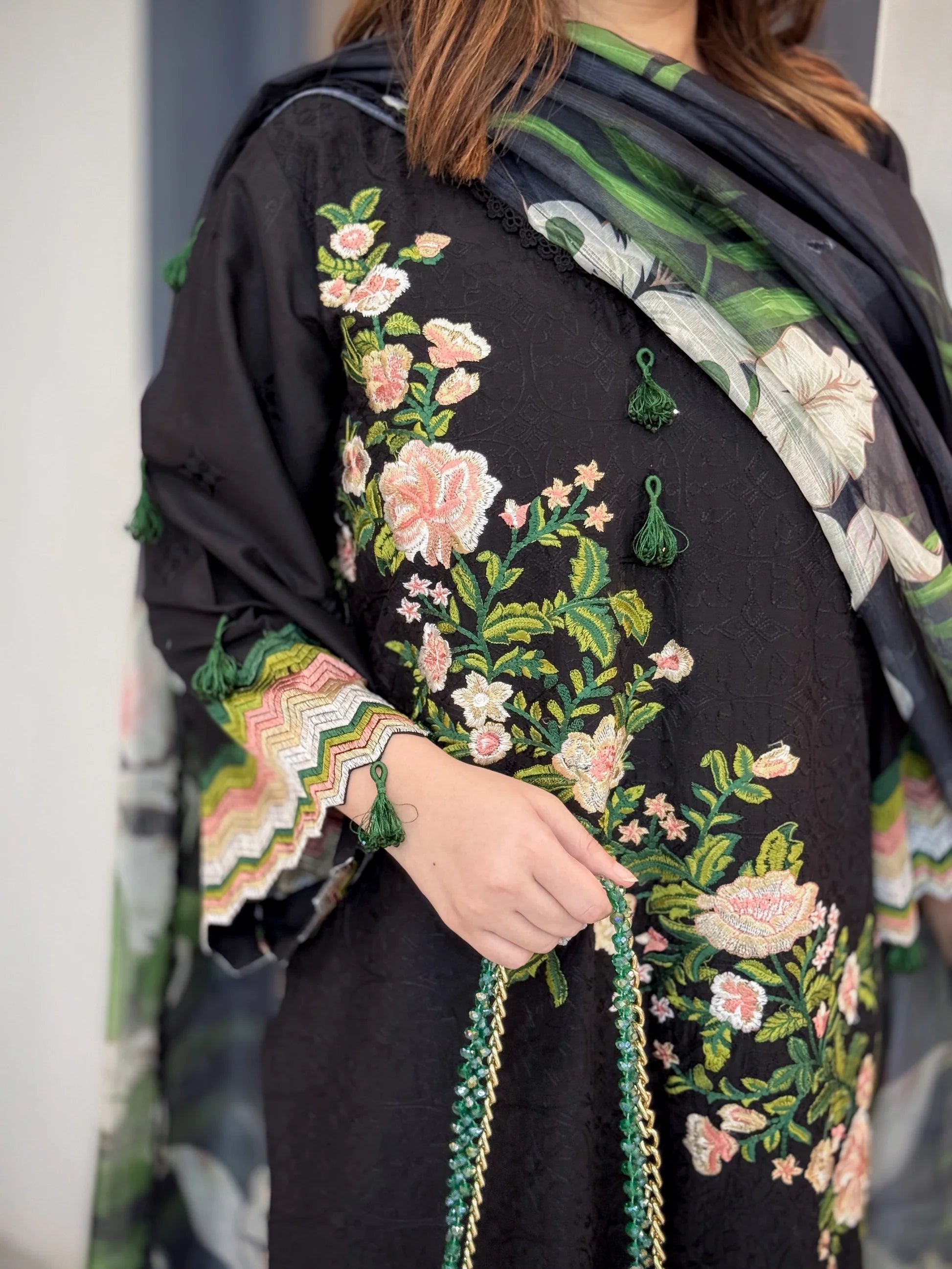 Elegant Black Floral 3-Piece – Stitching Service Only