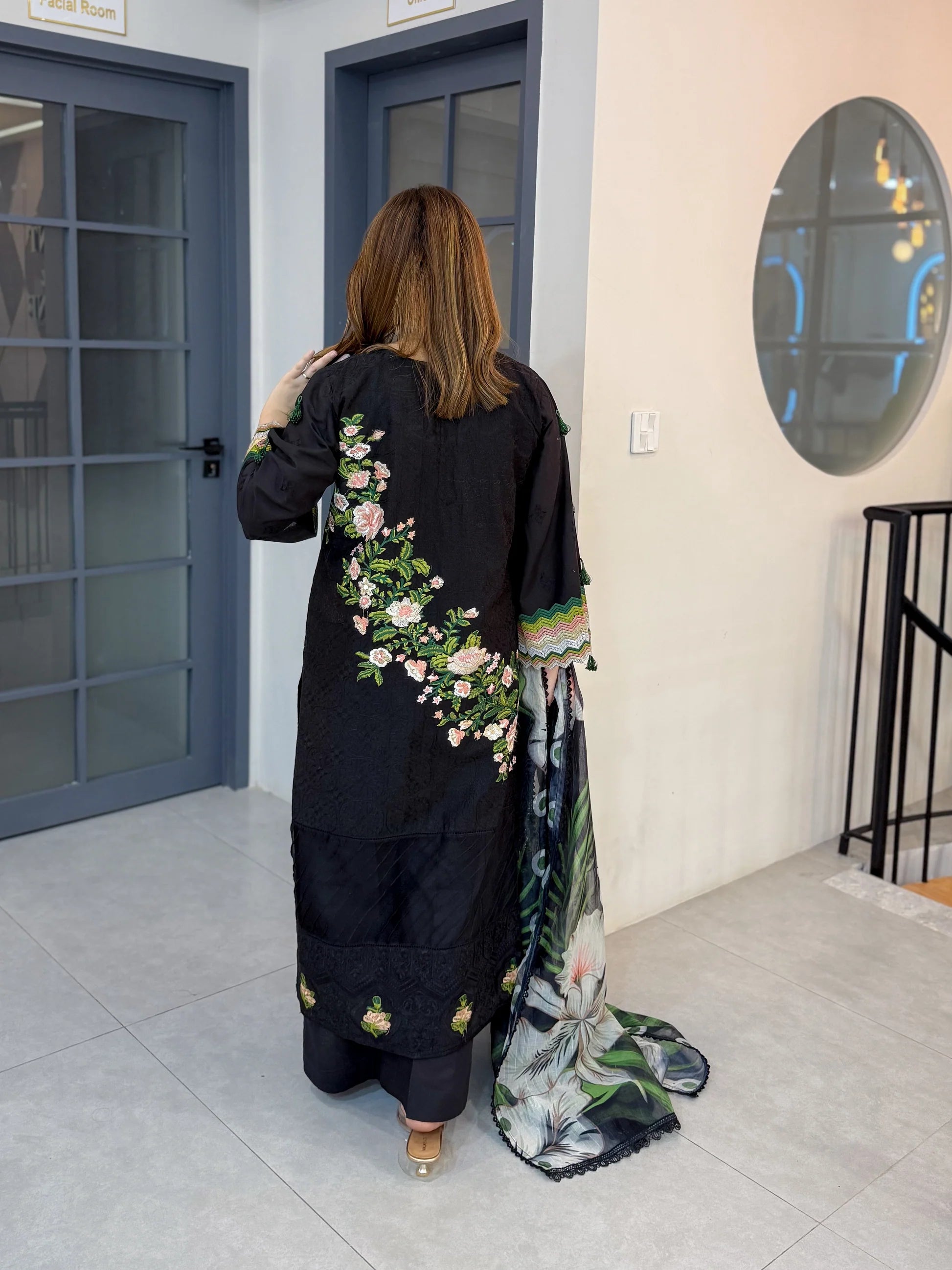 Elegant Black Floral 3-Piece – Stitching Service Only