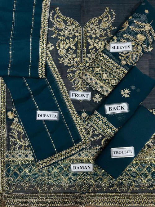 Embroidered Chiffon Unstitched 3 Piece Suit | Luxury Formal Collection | Wedding & Party Wear