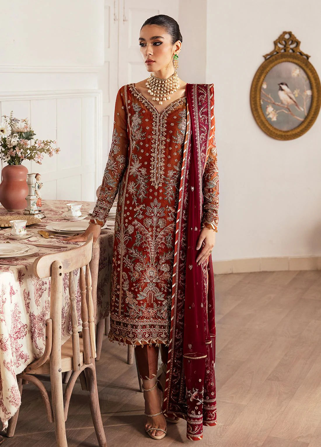 Peach Net Embroidered Unstitched Suit | Luxury 3 Piece | Wedding & Party Wear Collection