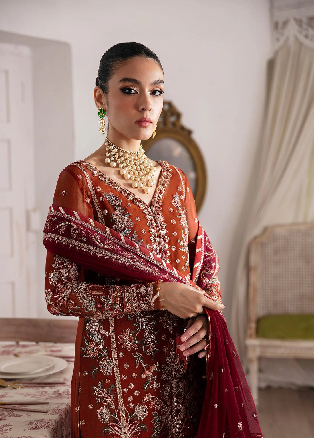 Peach Net Embroidered Unstitched Suit | Luxury 3 Piece | Wedding & Party Wear Collection