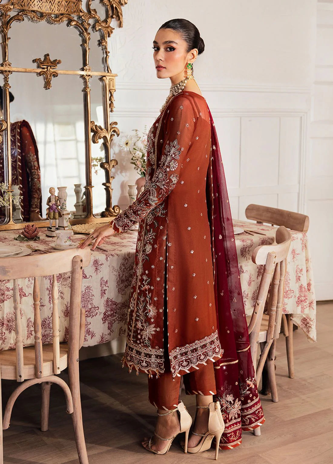 Peach Net Embroidered Unstitched Suit | Luxury 3 Piece | Wedding & Party Wear Collection