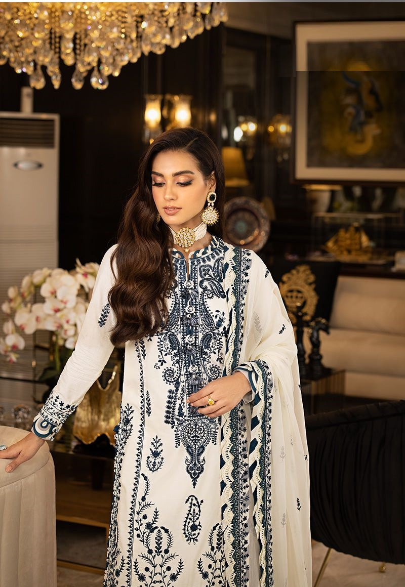 Elegant White & Navy Blue Embroidered Unstitched 3-Piece Suit – Luxury Lawn Collection