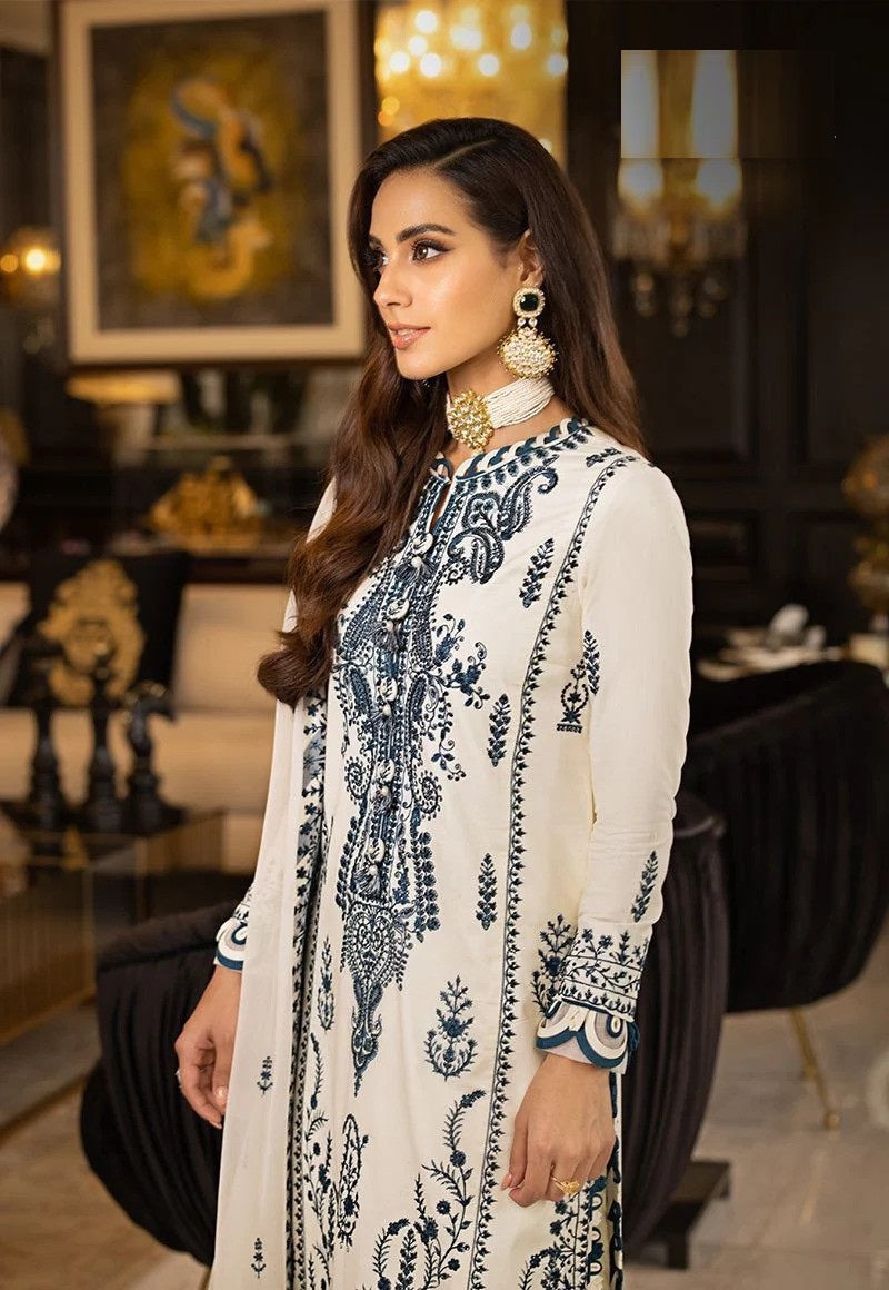Elegant White & Navy Blue Embroidered Unstitched 3-Piece Suit – Luxury Lawn Collection
