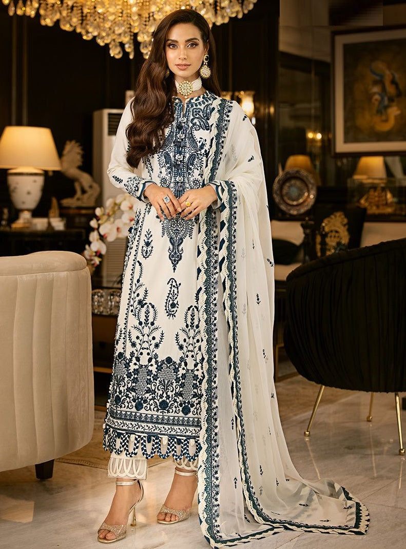 Elegant White & Navy Blue Embroidered Unstitched 3-Piece Suit – Luxury Lawn Collection