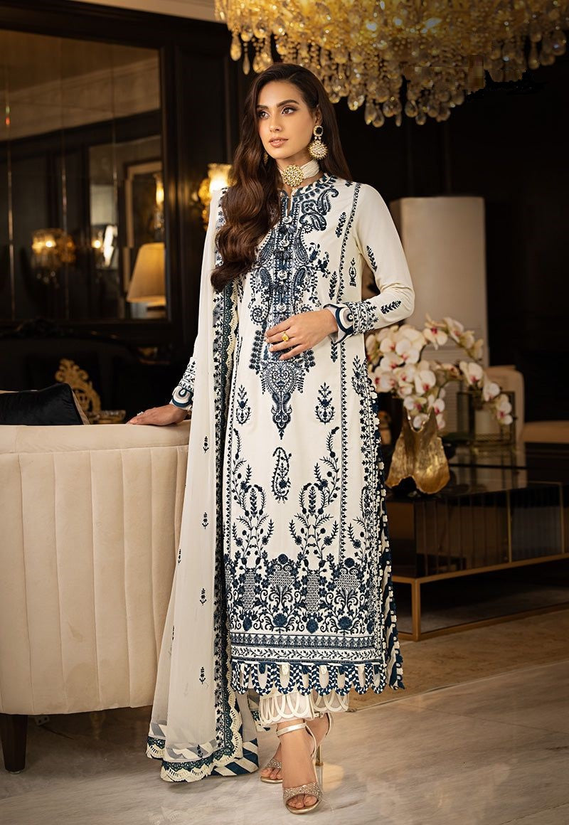Elegant White & Navy Blue Embroidered Unstitched 3-Piece Suit – Luxury Lawn Collection