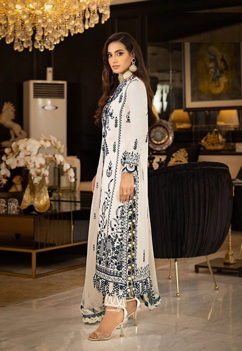 Elegant White & Navy Blue Embroidered Unstitched 3-Piece Suit – Luxury Lawn Collection