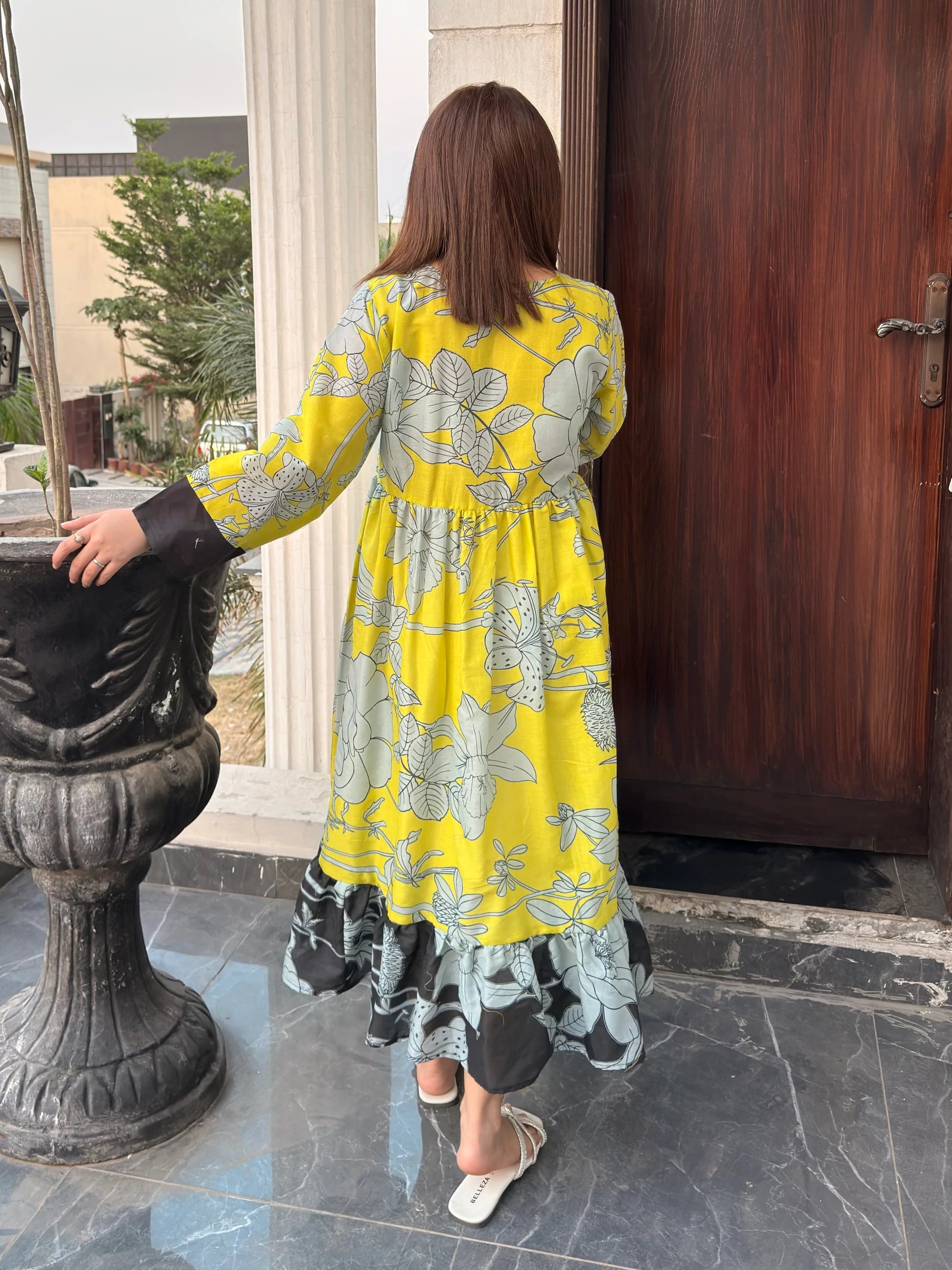 Tailor Master – Yellow Floral Maxi Dress with Black Contrast Hem | Custom Stitching Available