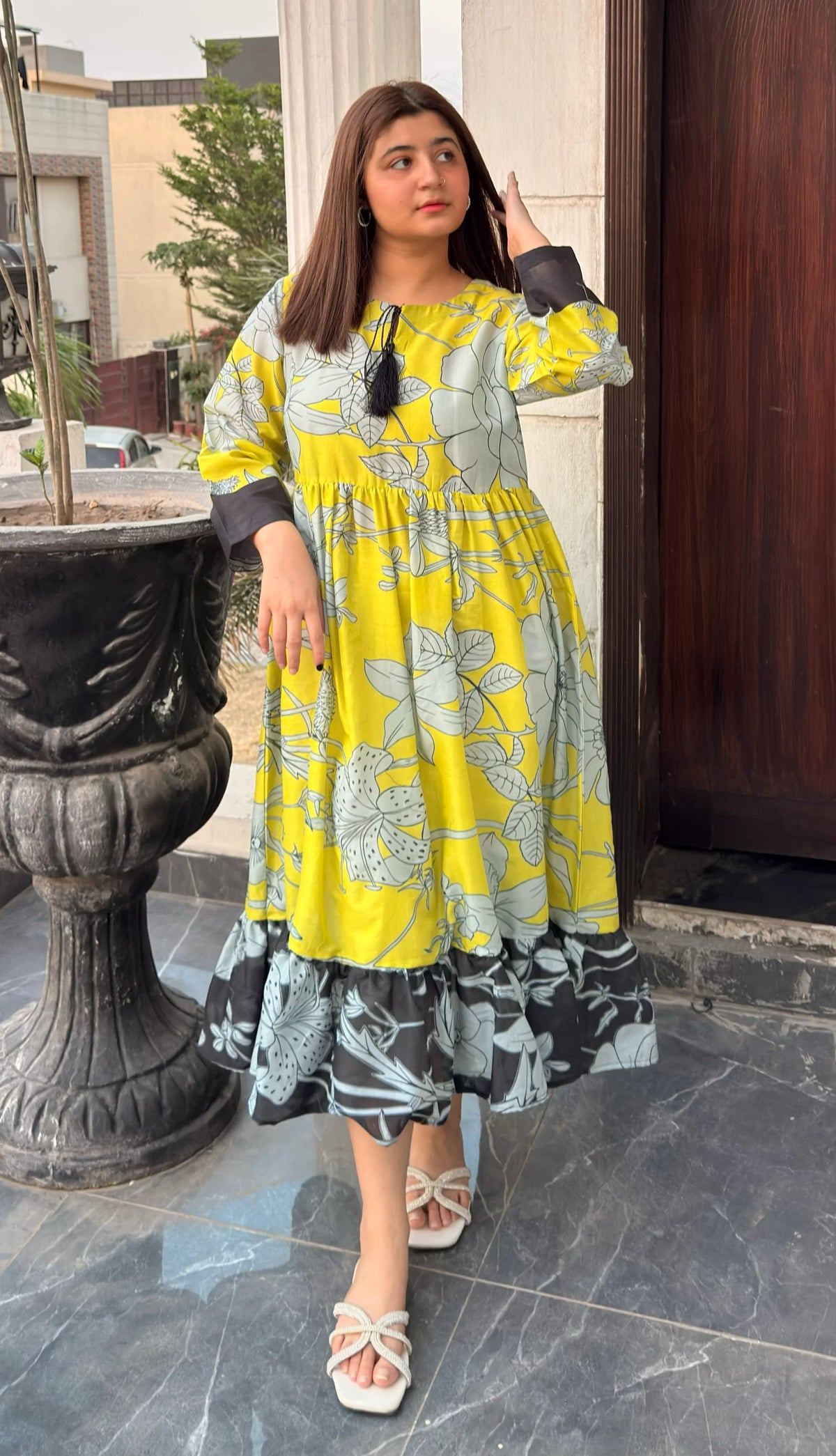 Tailor Master – Yellow Floral Maxi Dress with Black Contrast Hem | Custom Stitching Available