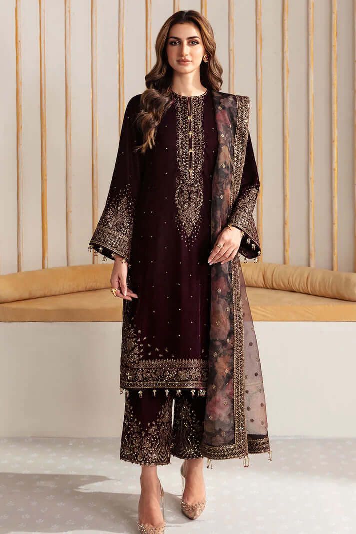 Luxury Embroidered Unstitched Suit | Maroon Velvet 3 Piece | Festive & Wedding Collection