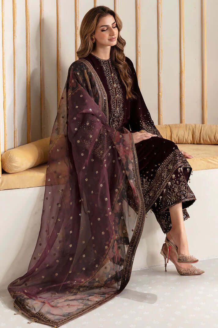 Luxury Embroidered Unstitched Suit | Maroon Velvet 3 Piece | Festive & Wedding Collection