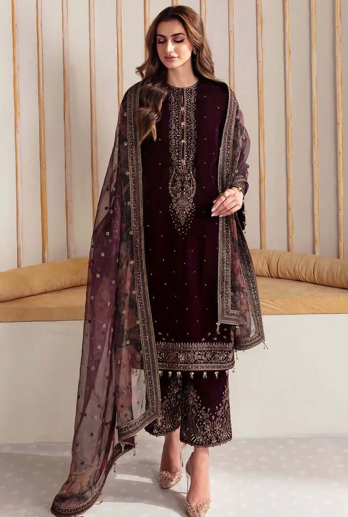 Luxury Embroidered Unstitched Suit | Maroon Velvet 3 Piece | Festive & Wedding Collection