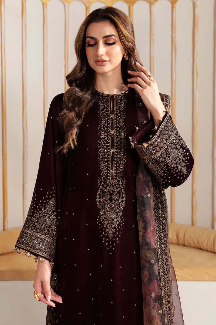 Luxury Embroidered Unstitched Suit | Maroon Velvet 3 Piece | Festive & Wedding Collection