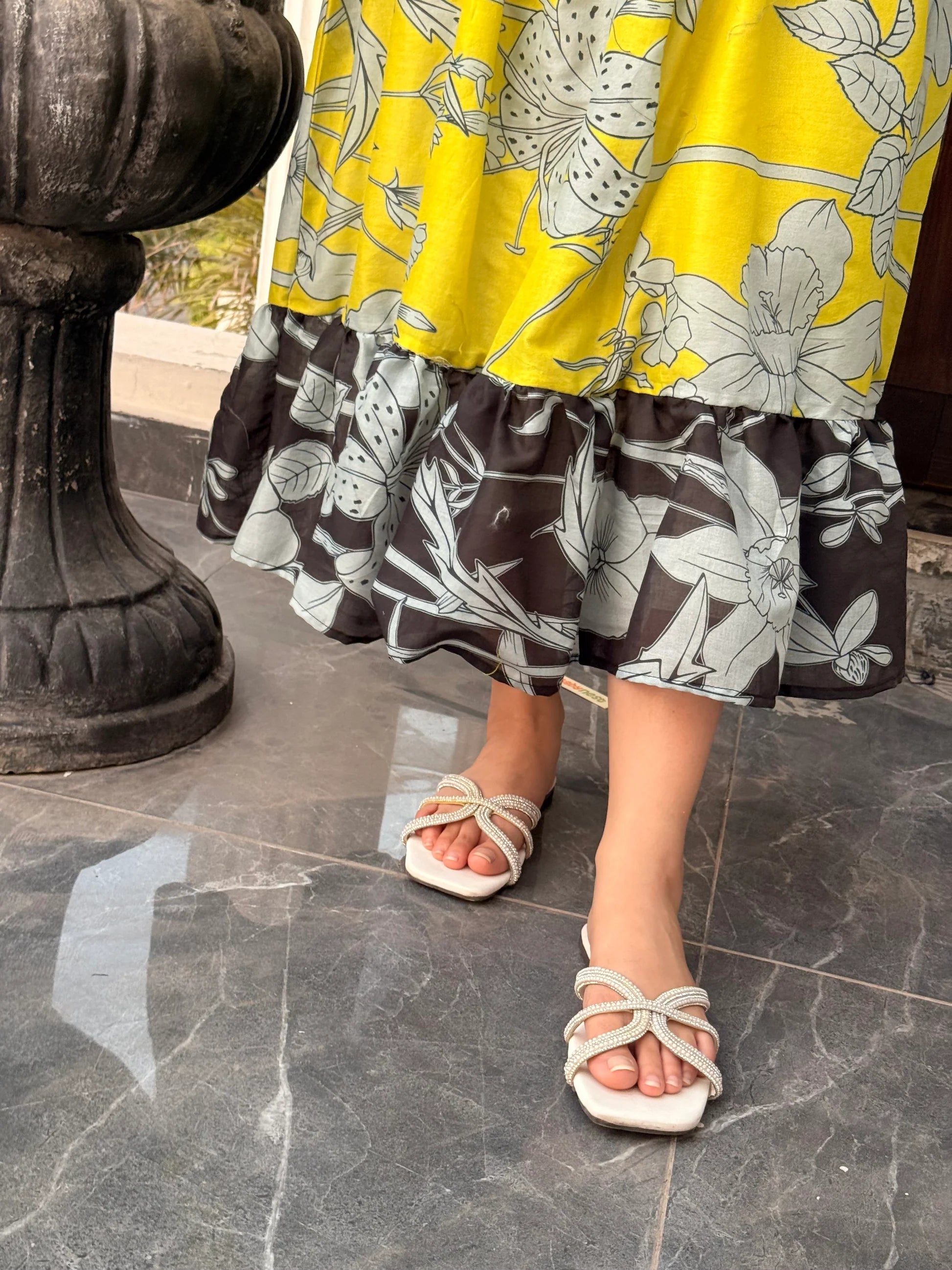 Tailor Master – Yellow Floral Maxi Dress with Black Contrast Hem | Custom Stitching Available