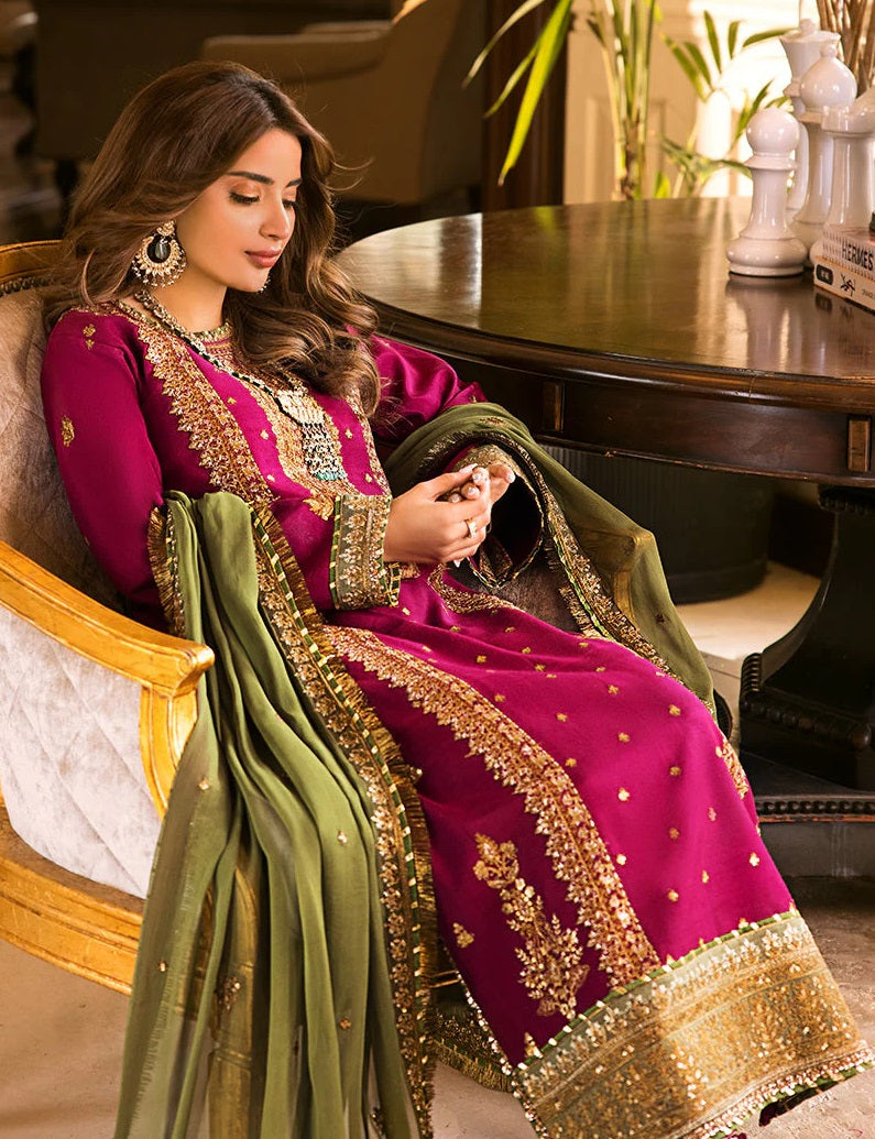 Luxury Embroidered Unstitched 3 Piece – Wine & Olive Green