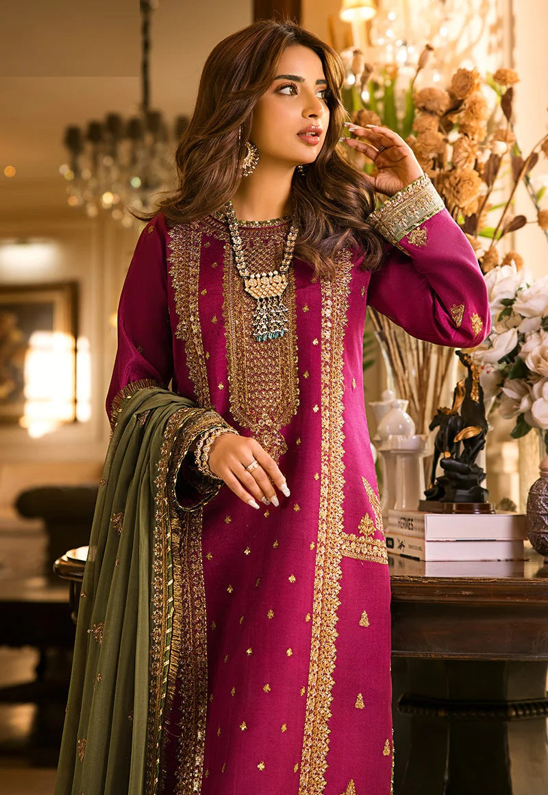 Luxury Embroidered Unstitched 3 Piece – Wine & Olive Green
