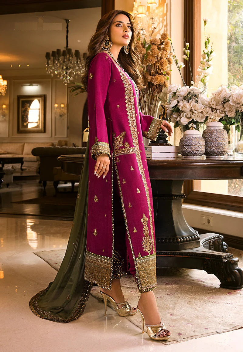 Luxury Embroidered Unstitched 3 Piece – Wine & Olive Green