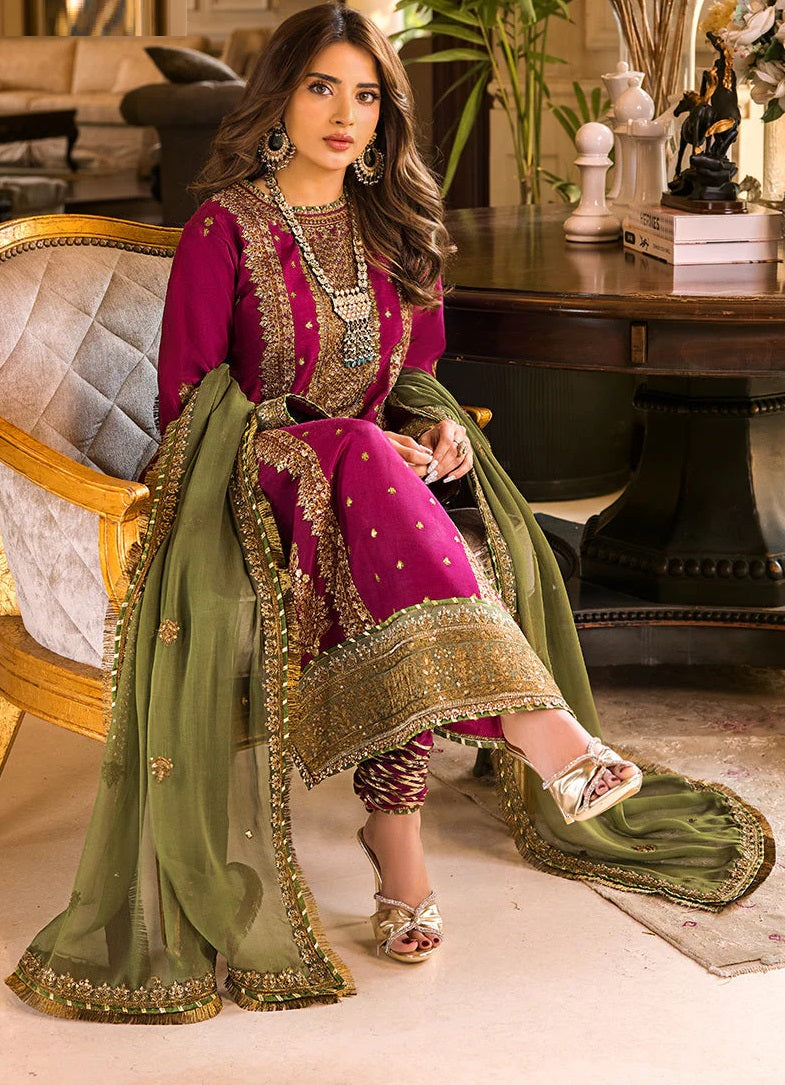 Luxury Embroidered Unstitched 3 Piece – Wine & Olive Green