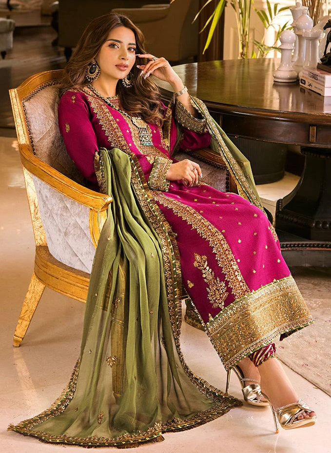 Luxury Embroidered Unstitched 3 Piece – Wine & Olive Green