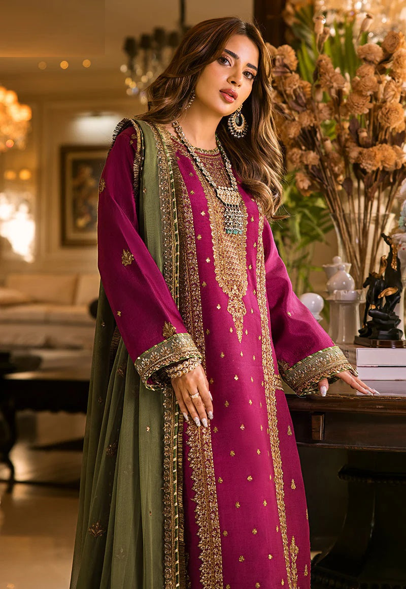 Luxury Embroidered Unstitched 3 Piece – Wine & Olive Green