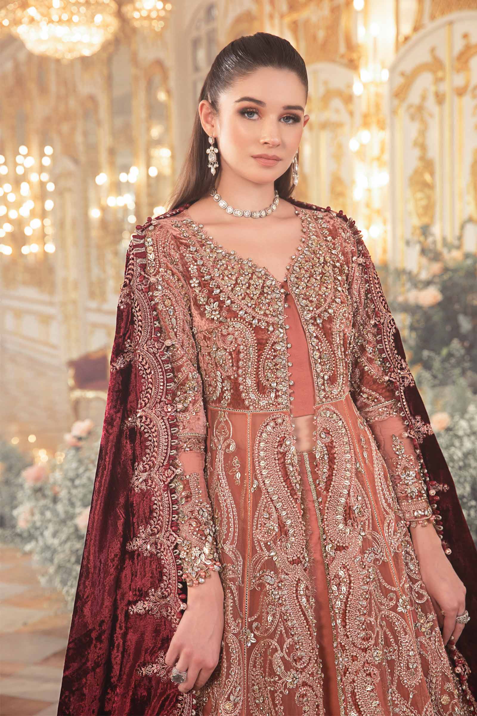 Luxury Bridal Embroidered Unstitched Lehenga Suit | Deep Maroon Velvet Dupatta | Wedding & Formal Collection