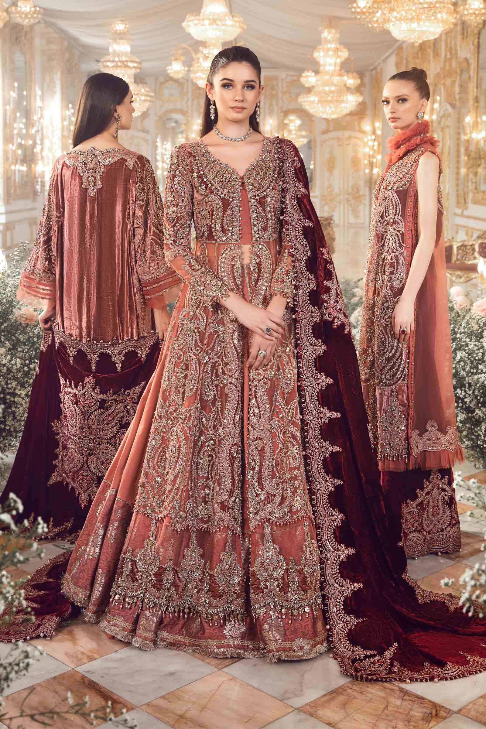 Luxury Bridal Embroidered Unstitched Lehenga Suit | Deep Maroon Velvet Dupatta | Wedding & Formal Collection