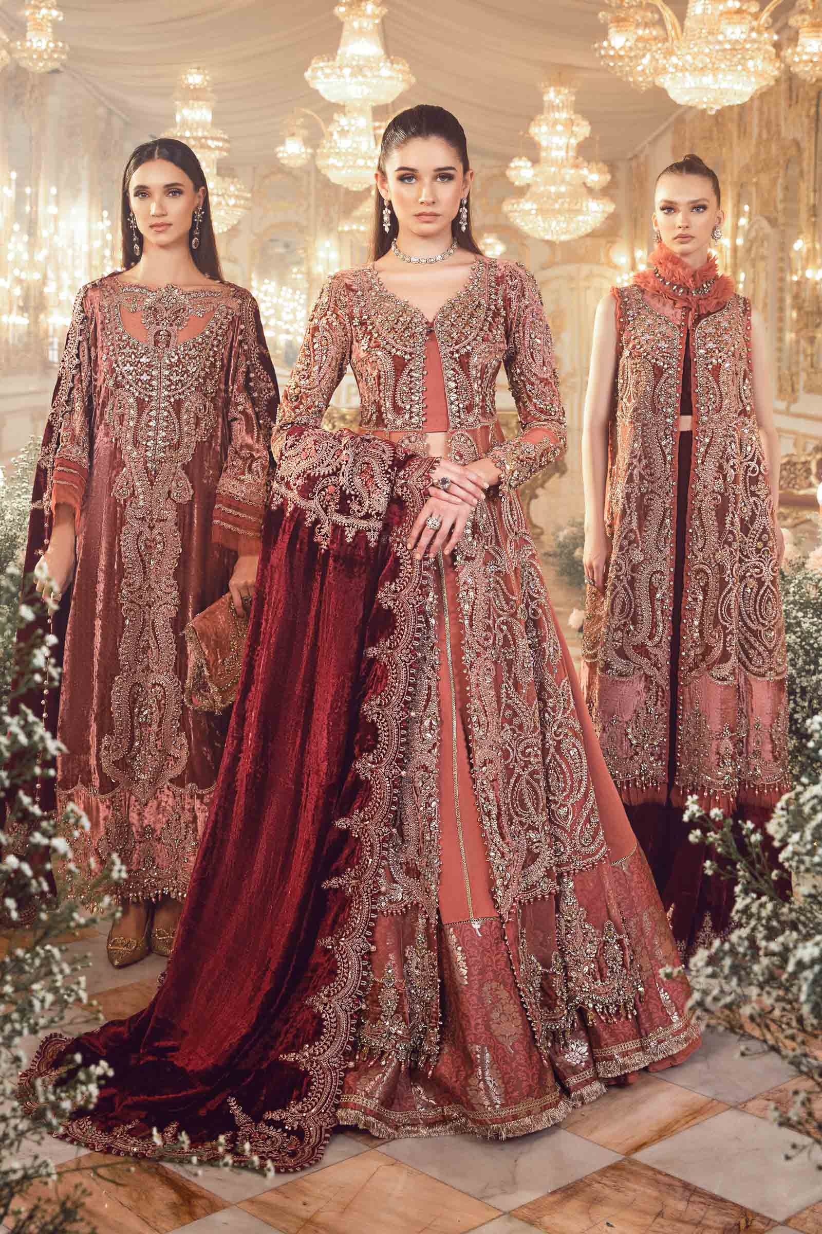 Luxury Bridal Embroidered Unstitched Lehenga Suit | Deep Maroon Velvet Dupatta | Wedding & Formal Collection