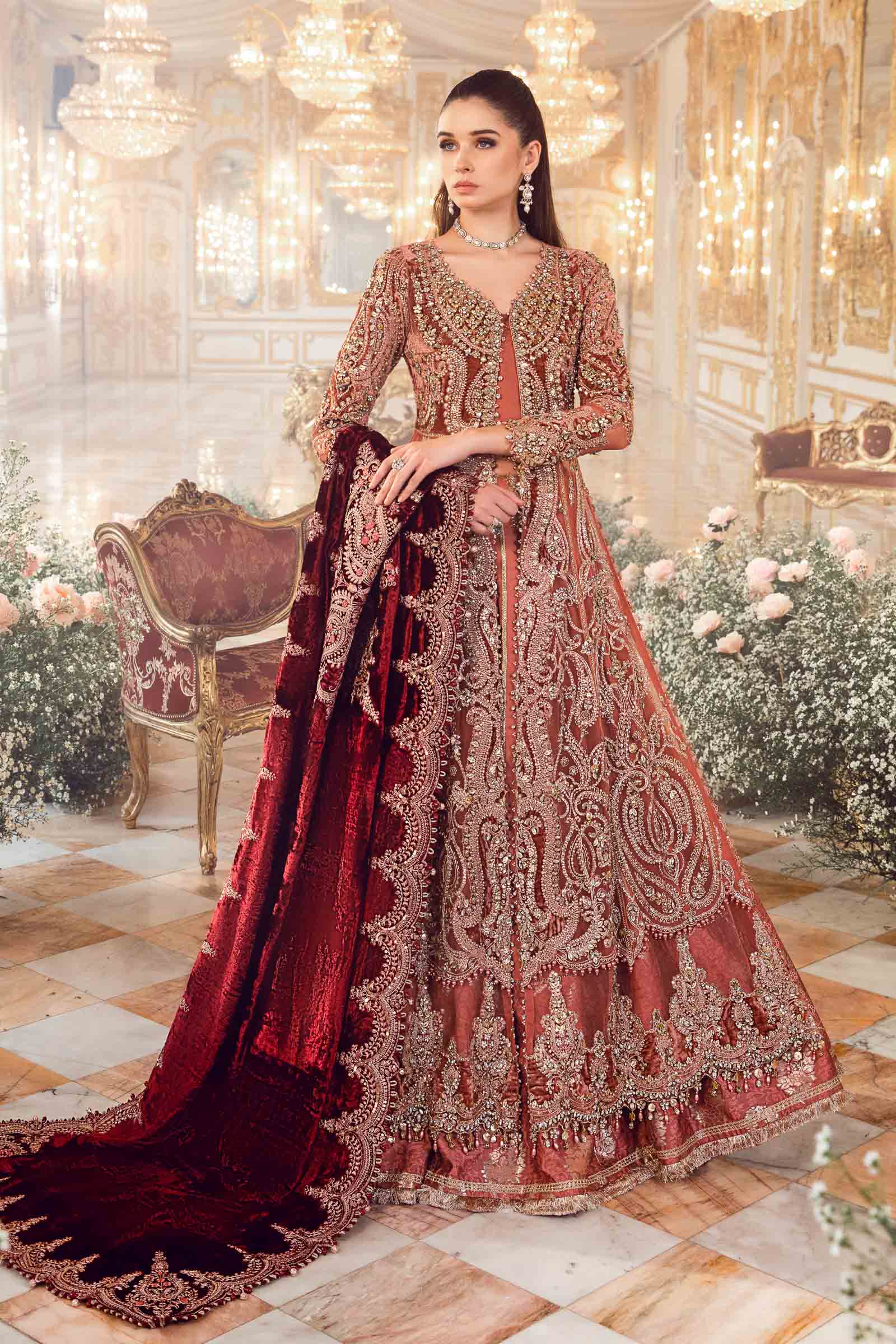 Luxury Bridal Embroidered Unstitched Lehenga Suit | Deep Maroon Velvet Dupatta | Wedding & Formal Collection