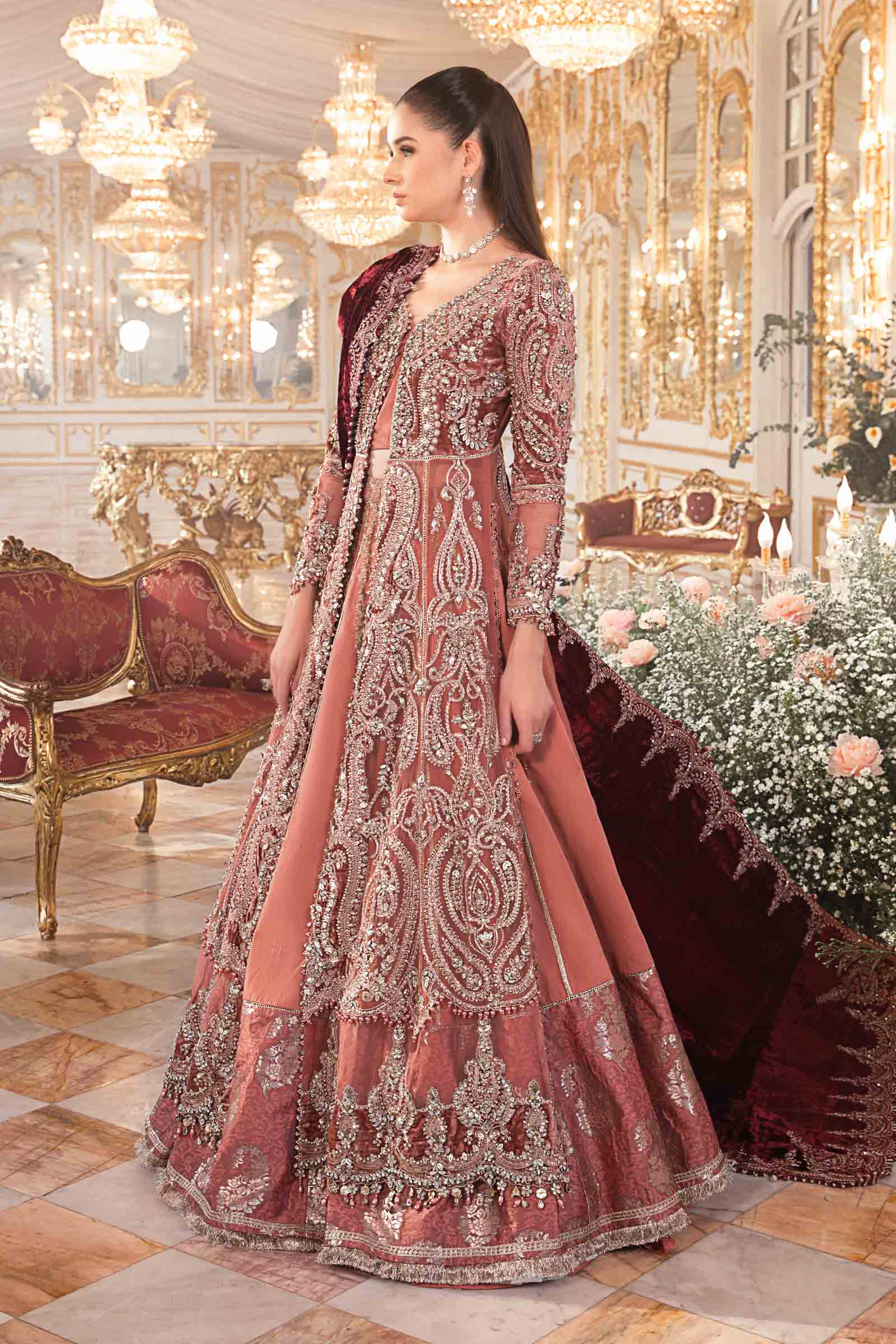 Luxury Bridal Embroidered Unstitched Lehenga Suit | Deep Maroon Velvet Dupatta | Wedding & Formal Collection