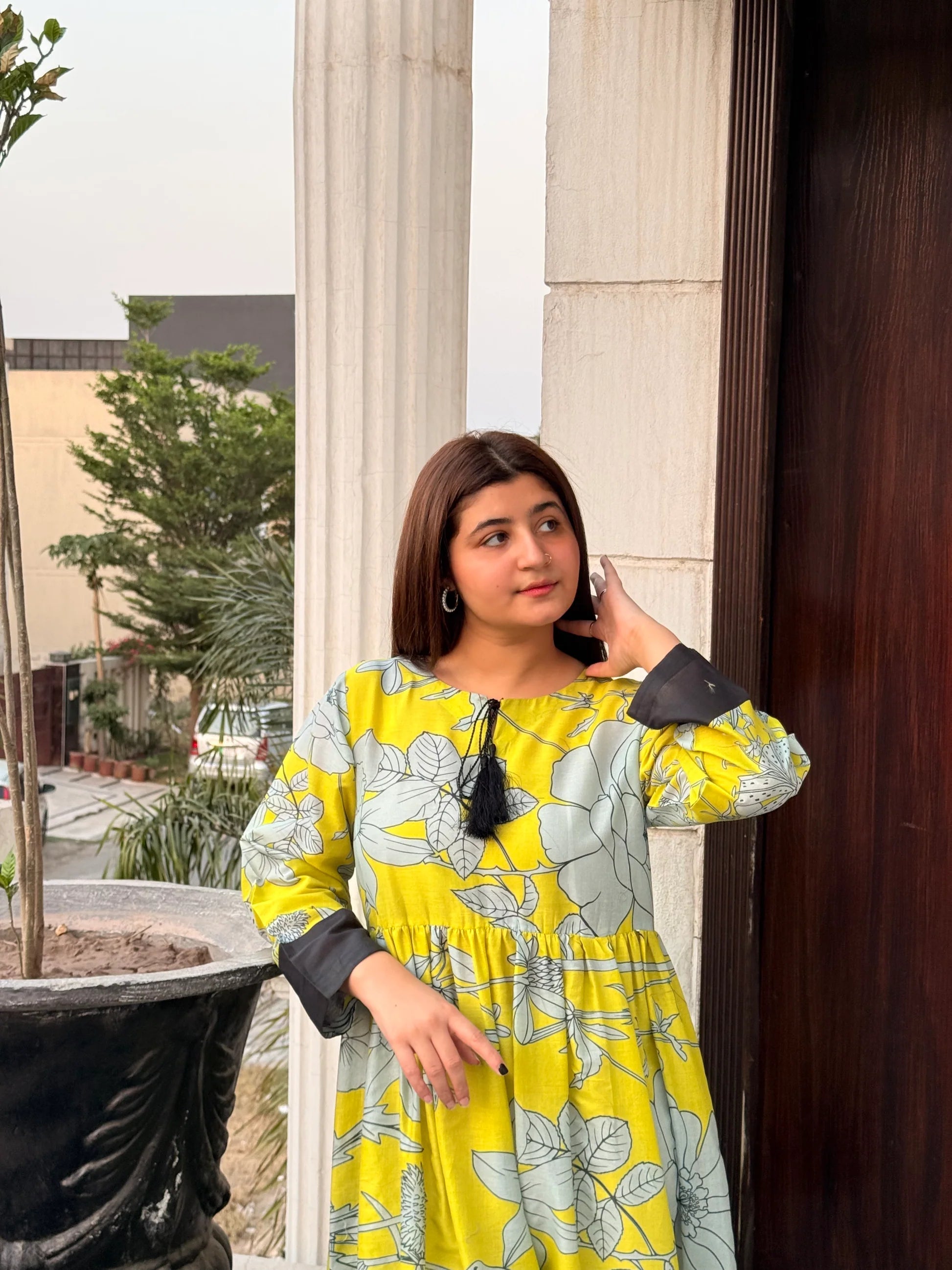 Tailor Master – Yellow Floral Maxi Dress with Black Contrast Hem | Custom Stitching Available