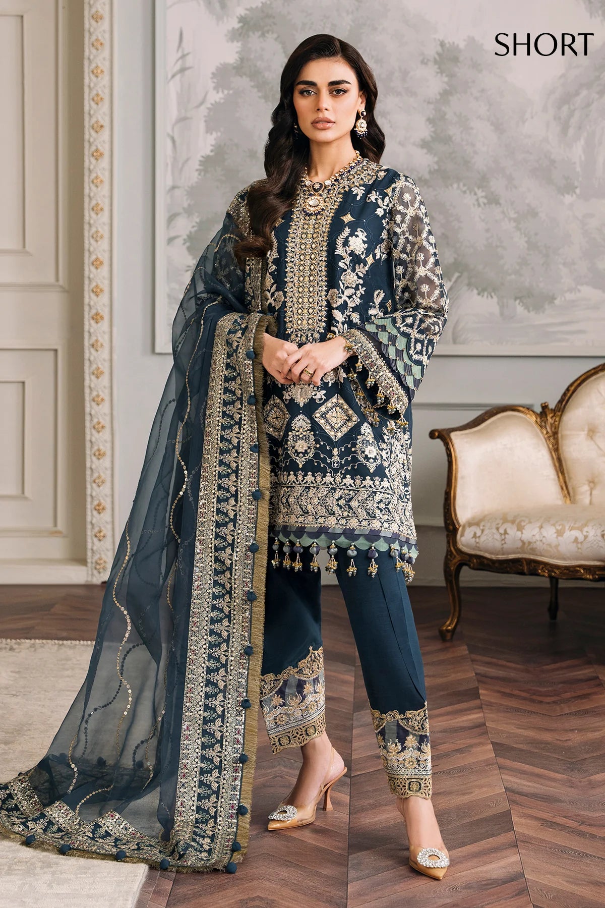 Luxury Chiffon Embroidered 3 Piece Suit | Handworker Neckline & Metallic Lace | Wedding & Evening Wear | Stitched & Unstitched Option