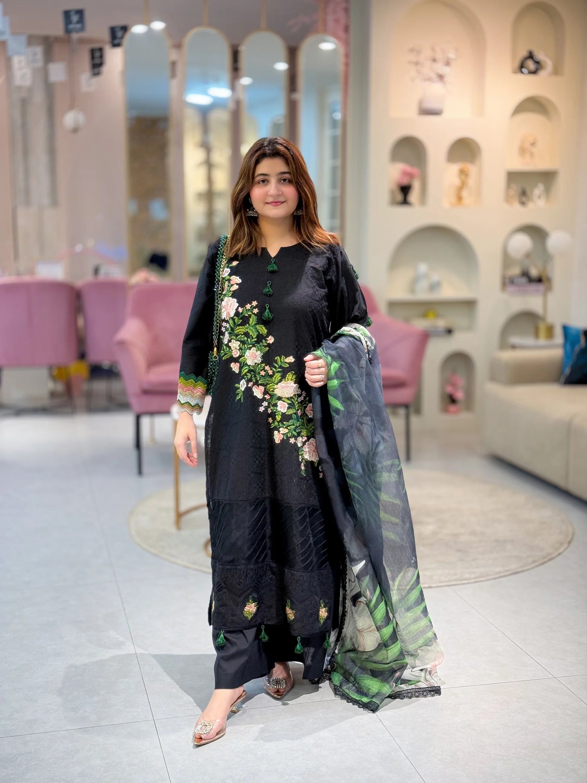 Elegant Black Floral 3-Piece – Stitching Service Only