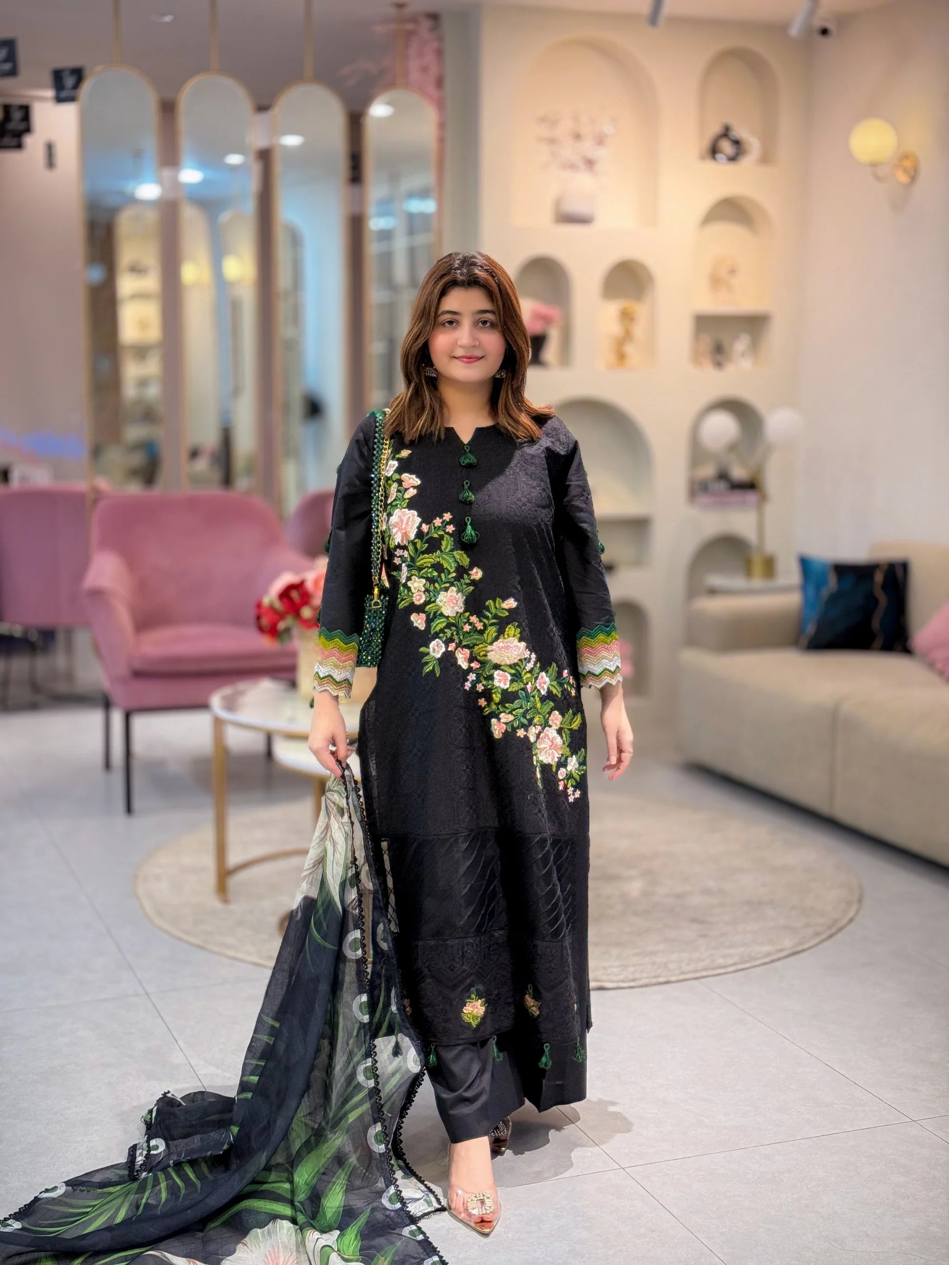 Elegant Black Floral 3-Piece – Stitching Service Only