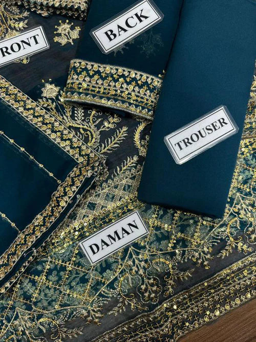 Embroidered Chiffon Unstitched 3 Piece Suit | Luxury Formal Collection | Wedding & Party Wear