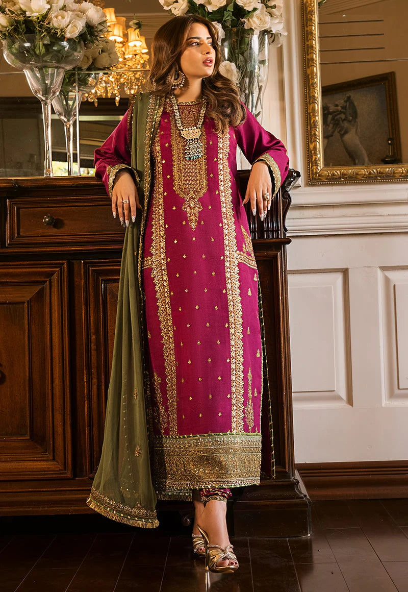 Luxury Embroidered Unstitched 3 Piece – Wine & Olive Green