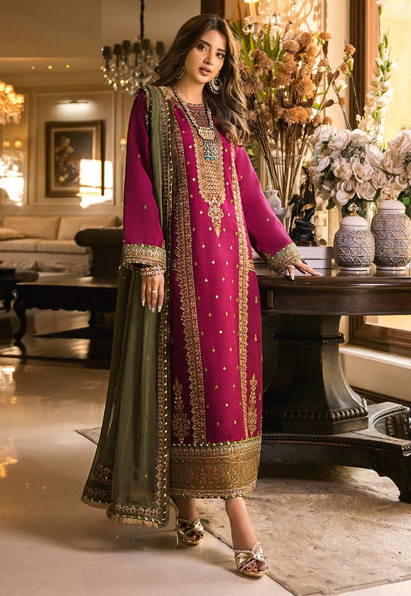 Luxury Embroidered Unstitched 3 Piece – Wine & Olive Green
