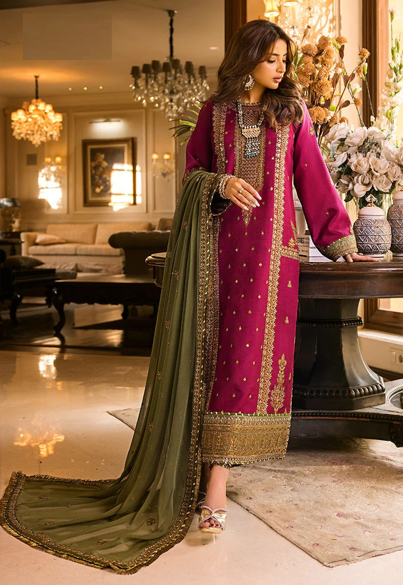 Luxury Embroidered Unstitched 3 Piece – Wine & Olive Green