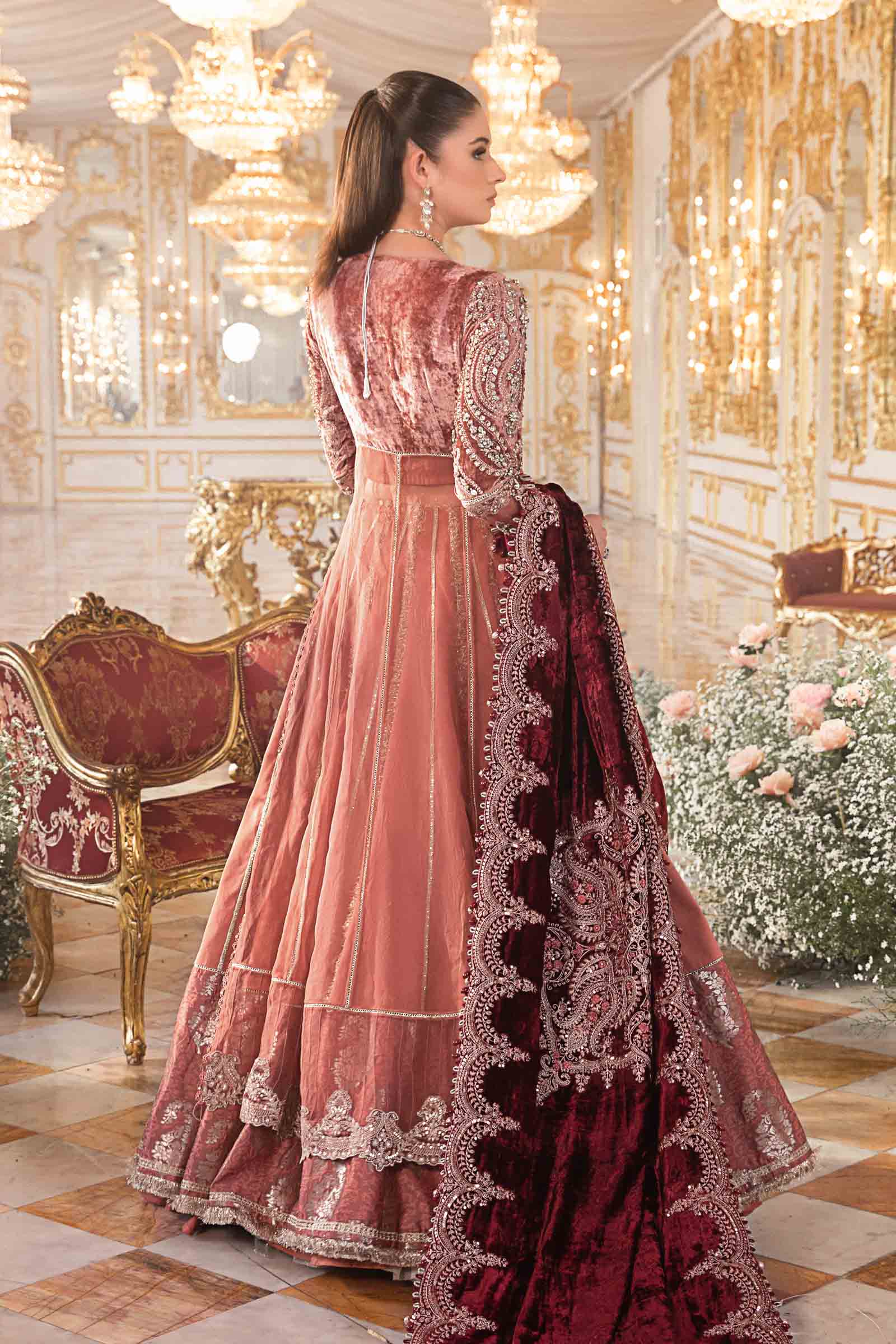 Luxury Bridal Embroidered Unstitched Lehenga Suit | Deep Maroon Velvet Dupatta | Wedding & Formal Collection