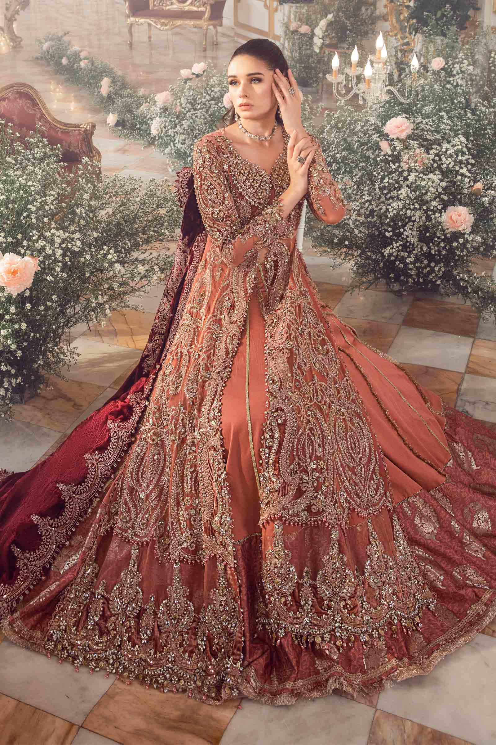 Luxury Bridal Embroidered Unstitched Lehenga Suit | Deep Maroon Velvet Dupatta | Wedding & Formal Collection