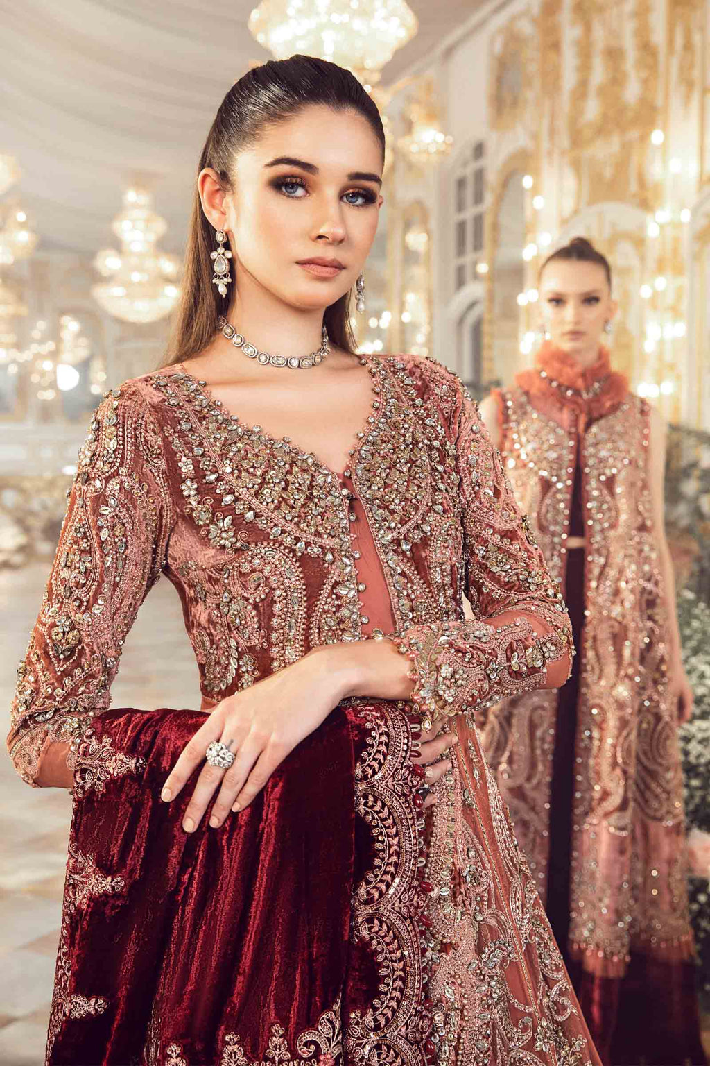 Luxury Bridal Embroidered Unstitched Lehenga Suit | Deep Maroon Velvet Dupatta | Wedding & Formal Collection
