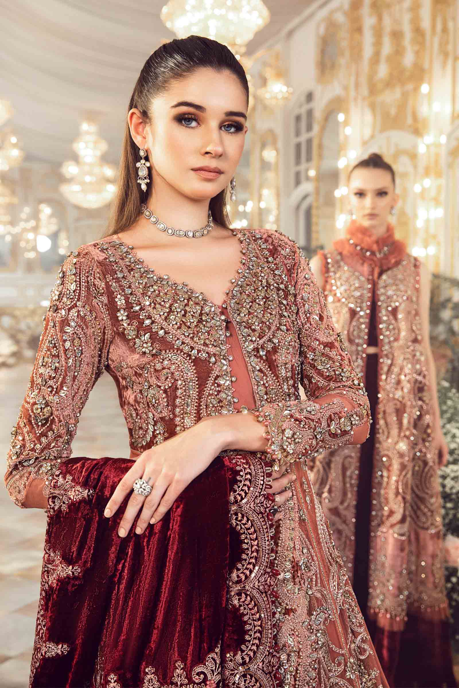 Luxury Bridal Embroidered Unstitched Lehenga Suit | Deep Maroon Velvet Dupatta | Wedding & Formal Collection